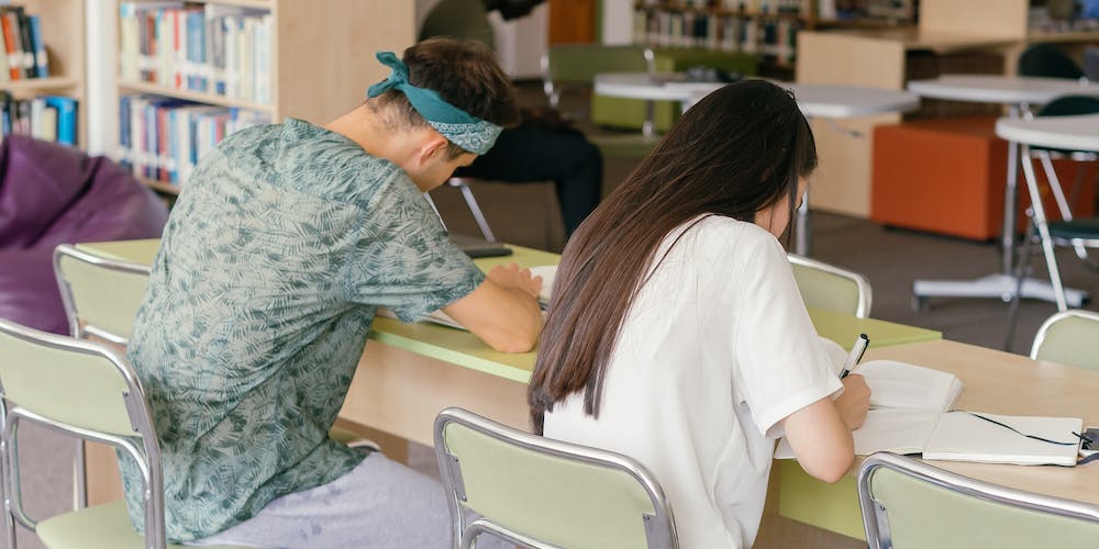 Estudiantes haciendo trabajos dentro de una biblioteca